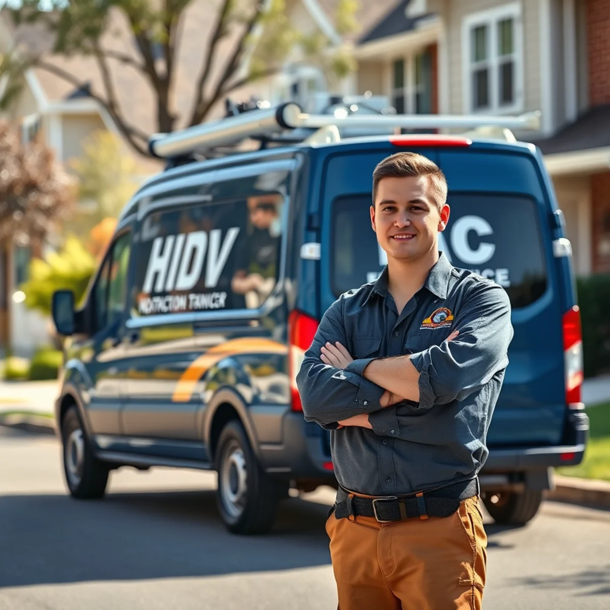 Flaming Ice Heating & Cooling service van in a North Carolina neighborhood