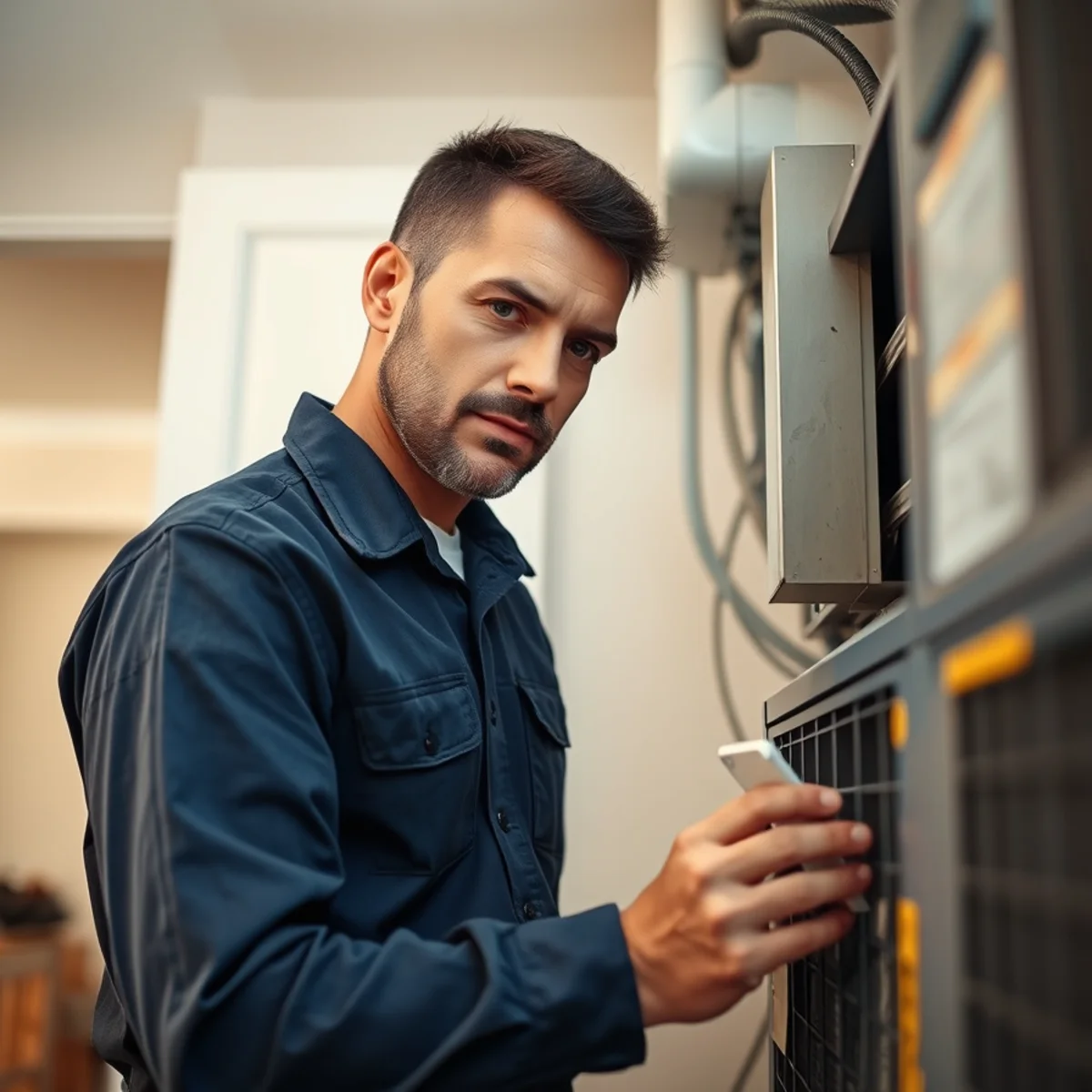 Flaming Ice Heating & Cooling technician servicing an HVAC system in North Carolina