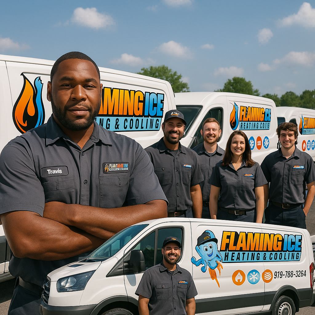 The Flaming Ice Heating & Cooling team and service fleet