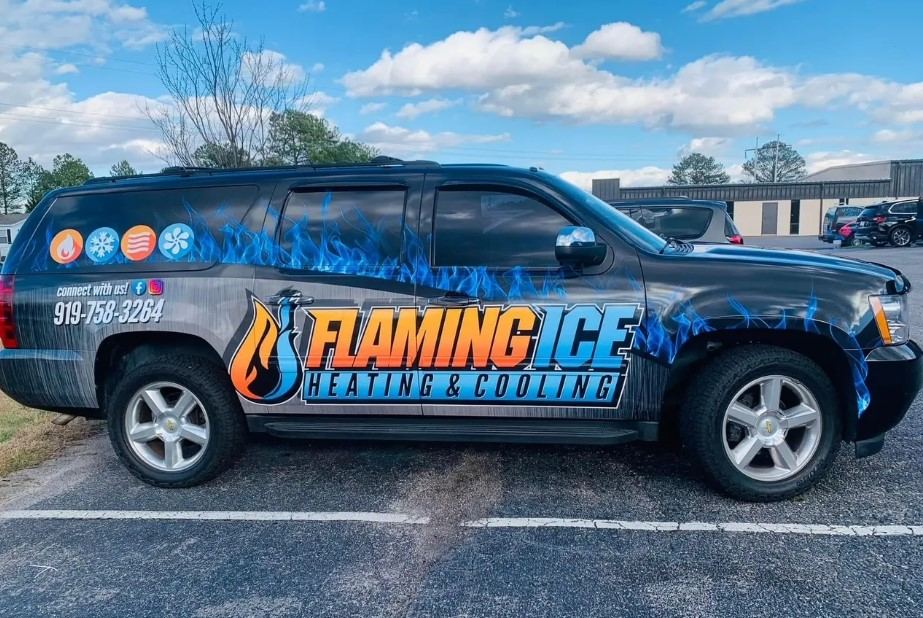 Flaming Ice Heating & Cooling service vehicle, based in Clayton, NC